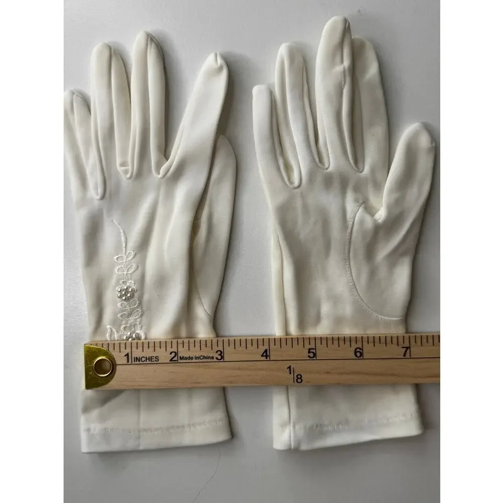 Vintage 1980s White/Ivory Unbranded Satin Beaded Floral Gloves XS S